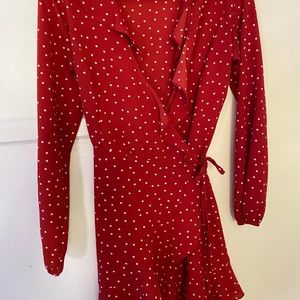 Wrap around red polka dot dress